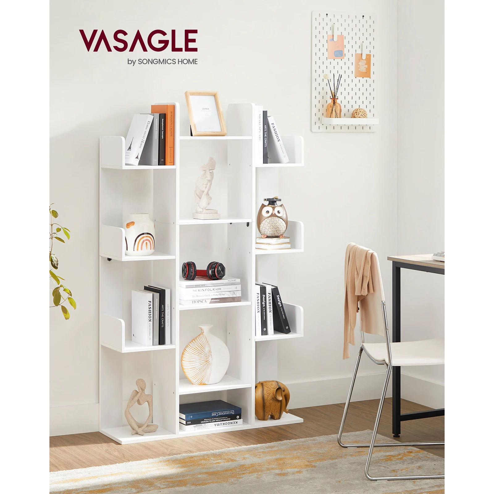 VASAGLE Tree-Shaped Bookshelf, 13 Storage Shelves, 86 x 25 x 140 cm, Rounded Corners, White