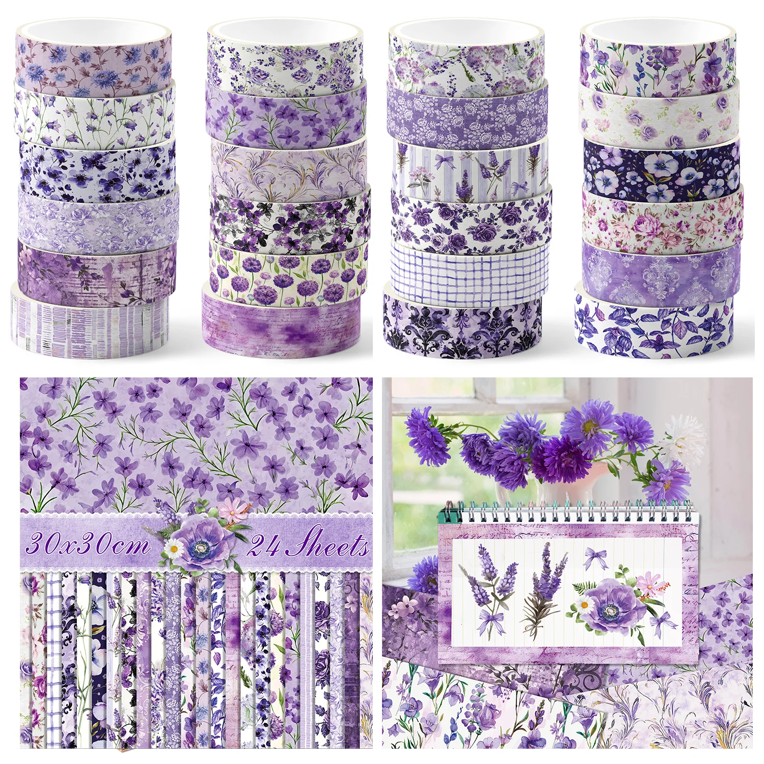 Lila Blumen-Themen-Washi-Tape, Scrapbooking-Papier, Origami-Kunst-Hintergrundpapier, DIY-Bastelarbeiten, Geburtstagsgeschenk-Dekoration