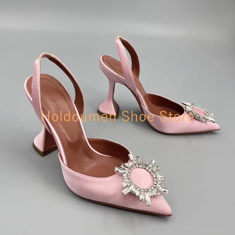 

Crystal Sunflower Buckle Decor Pointed Toe Fashion Sandals Sexy Satin Slingback Cup Heel Elegant Sandals Graduation Party Shoes