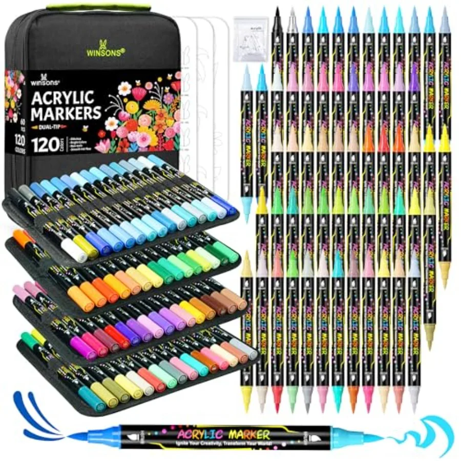 

120 Colors Acrylic Paint Markers Permanent Dual-Tip Acrylic Markers Set Soft Brush Tip Paint Pens for Rock Painting Canvas Glas