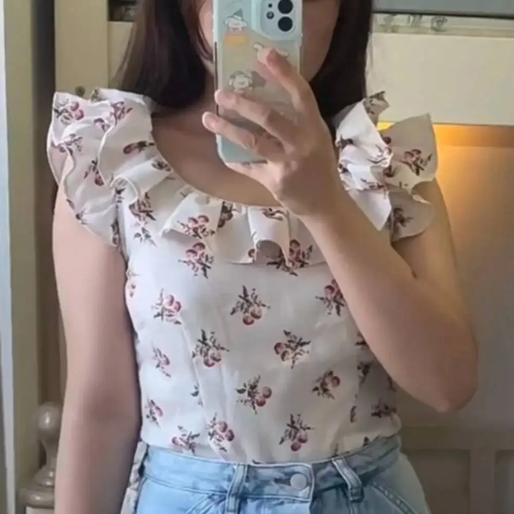 

BabYoung Нежный изысканный шифон с принтом Ropa Mujer Fairy Age Reduction с оборками Короткие универсальные блузки Япония Милые повседневные рубашки