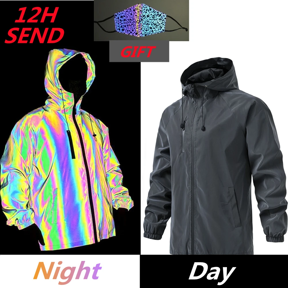 

NEW Men's Jacket Colorful Full Reflective Jacket Autumn Winter Hip Hop Night Shiny Windbreaker Reflect Light Coat Casual Hooded