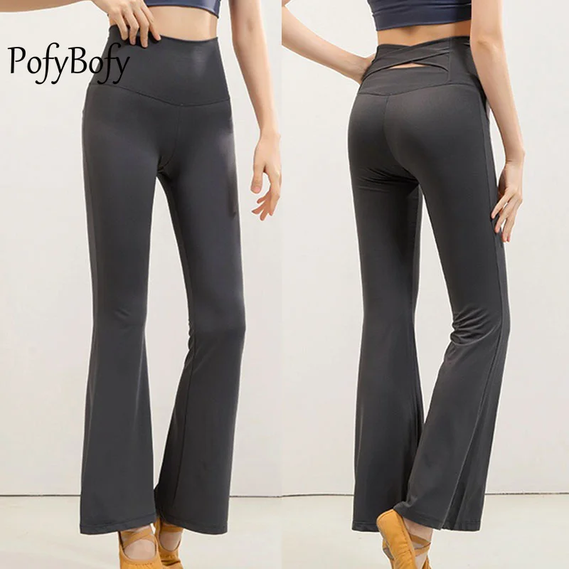 PofyBofy Bell Bottoms Widen Crossover Waistband High Waist Stretchy Legging Women Sport Pant Gym Workout Yoga Flared Trousers