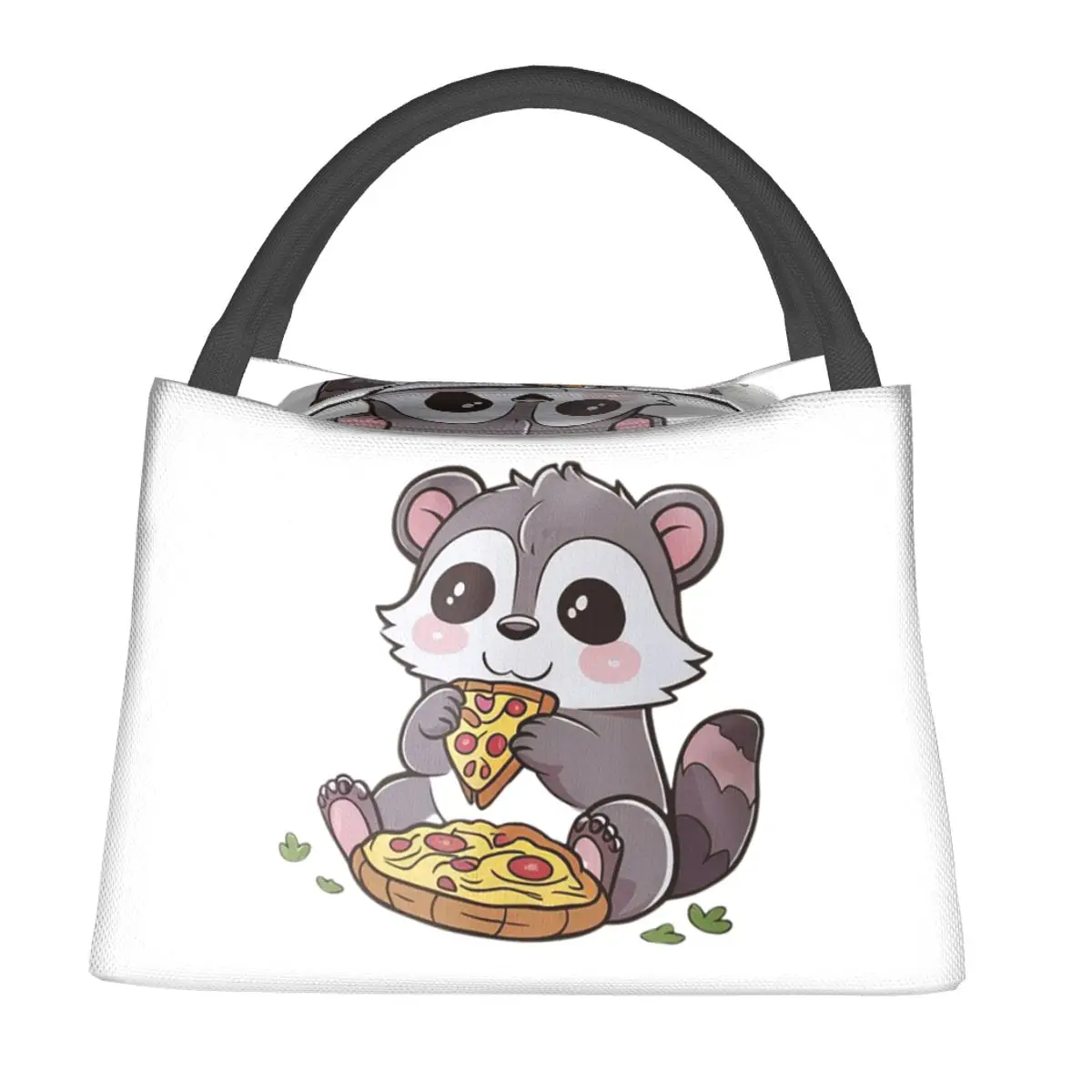 Niedliche Waschbär-Ess-Pizza-Aufkleber, Lunch-Taschen, isolierte Bento-Box, Lunch-Tasche, Picknick-Taschen, Thermotasche für Frau, Studenten, Schule