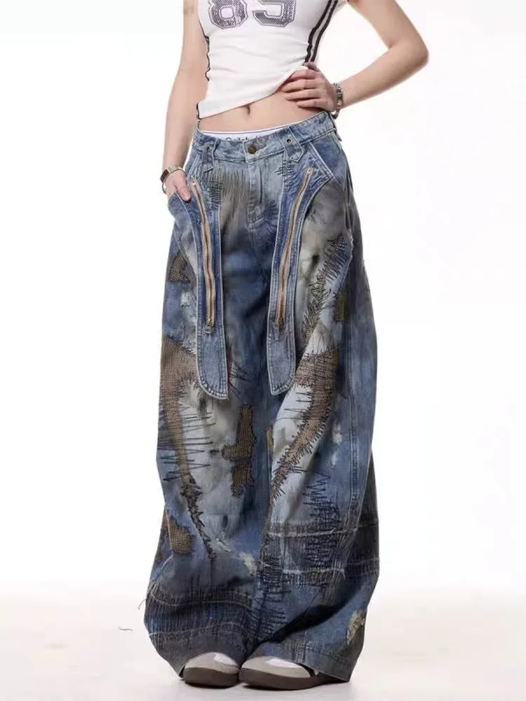 Heavyweight Embroidered Loose Fit Denim Jeans Women Spring Autumn 2026 New BF Lazy Draped Post-Apocalyptic Style Floor-Length...