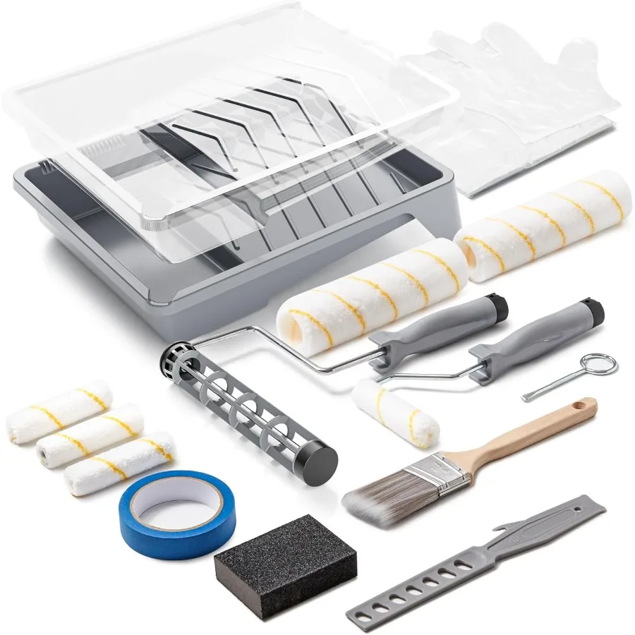 

Набор малярных валиков из 17 предметов с 9-дюймовыми и 4-дюймовыми роликами. Лотки для краски. Чехлы для валиков из микрофибры. Кисти для рисования стен в час.