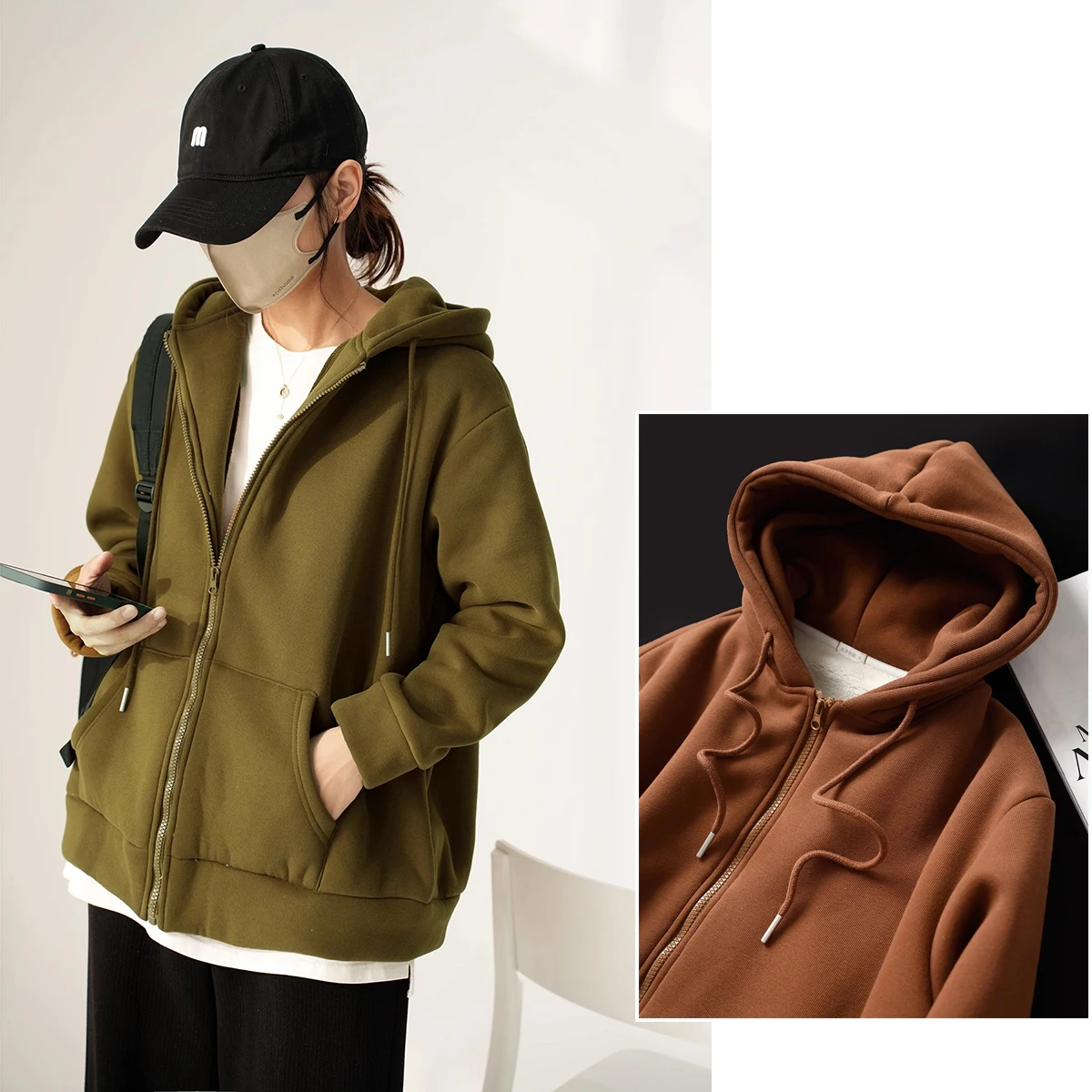 

Утепленная женская флисовая куртка-кардиган оверсайз с капюшоном, на флисовой подкладке, осенне-зимняя, из полиэстера и хлопка