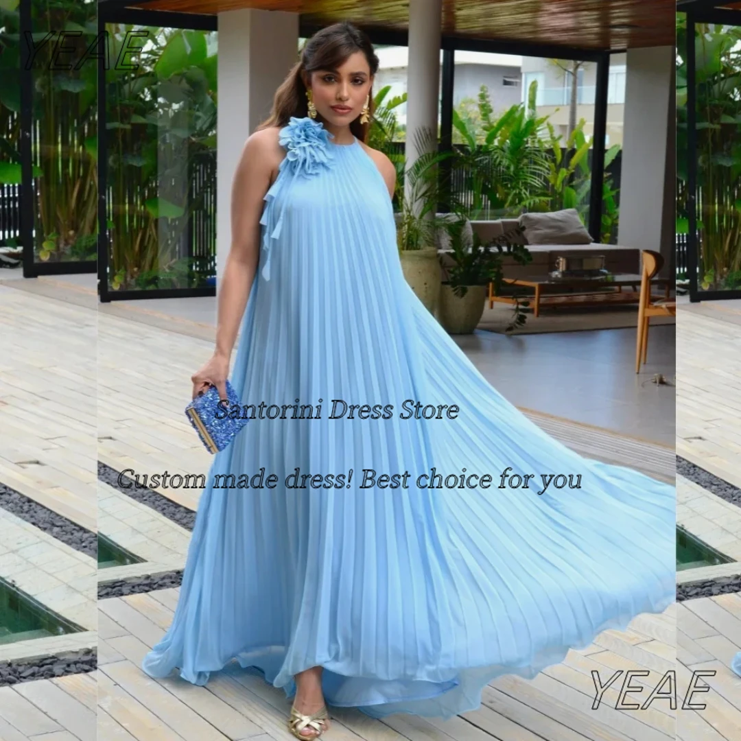 Santorini céu azul vestidos de baile com flor o-pescoço sem mangas vestidos de noite longos pregas vestido de festa de férias personalizado