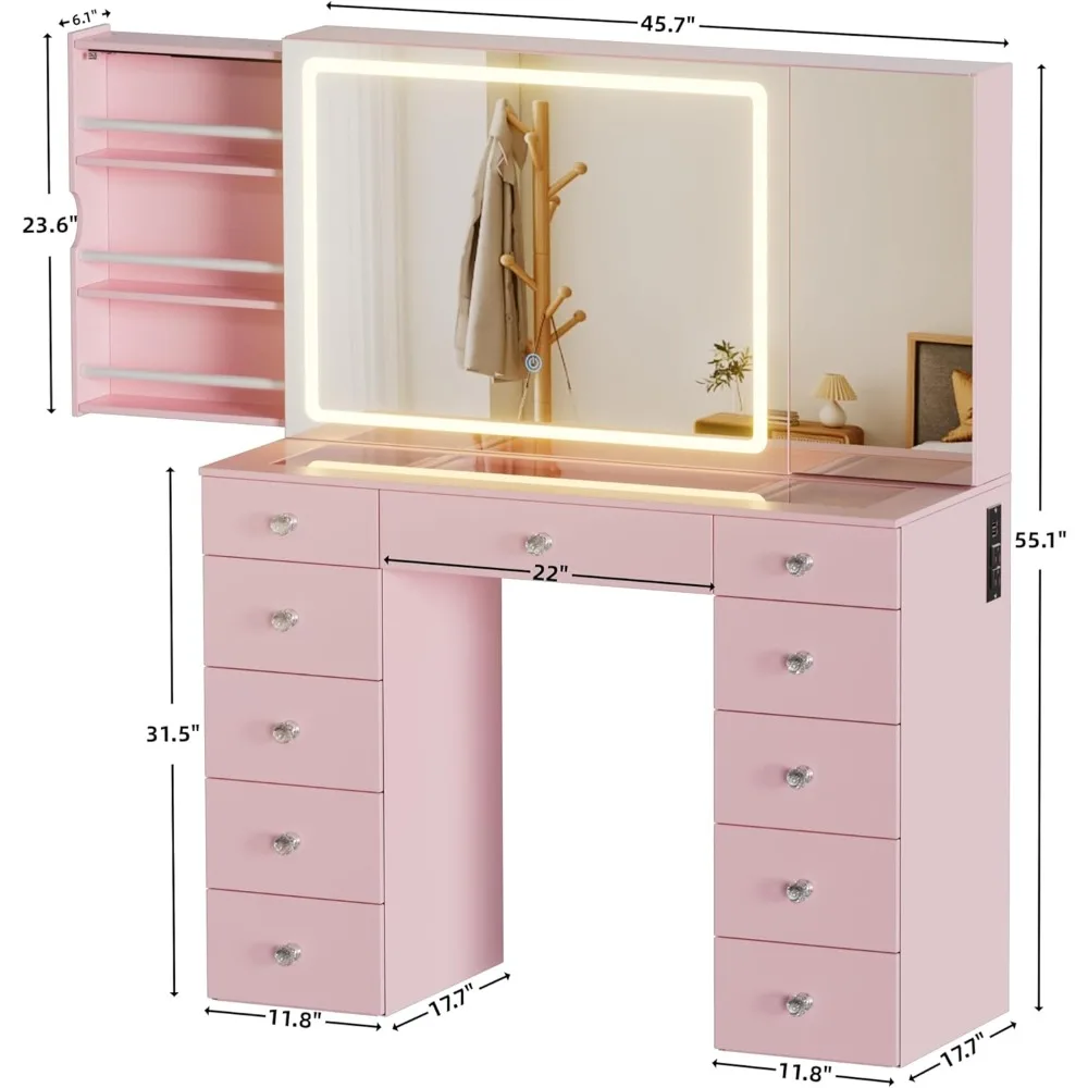 طقم زينة بمرآة مضيئة مع مكتب كبير وتخزين 11 درج #2