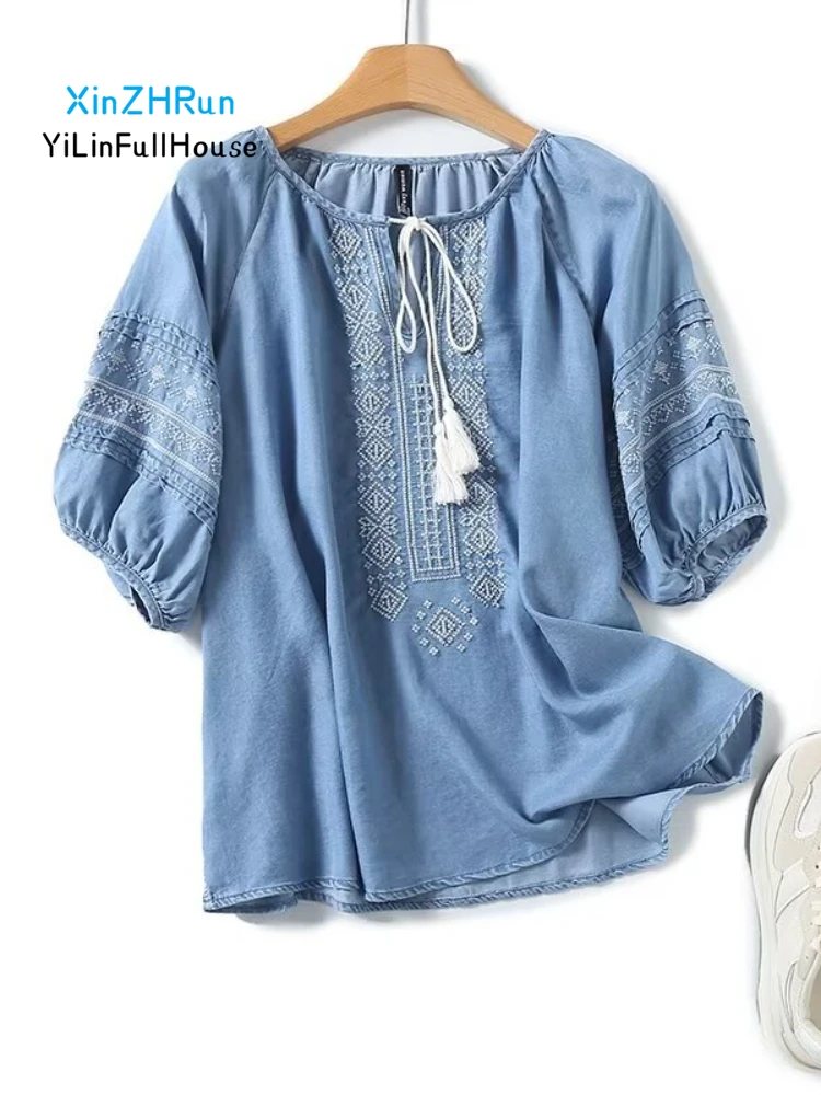 Summer New Women Fashion Round Neck Lantern Sleeve Tassel Lace Ethnic Embroidery Women\'s Art Retro Palace Style Denim Sleeve Top