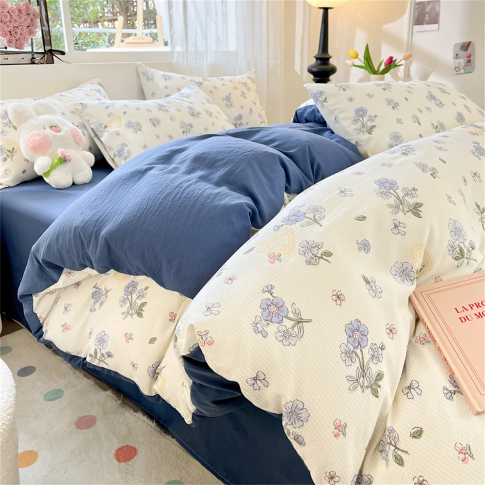 Ins Blue Floral Bedding Set For Girls Boys Double Size Flat Sheet Duvet Cover and Pillowcase Soft Bed Linen Adults Home Textiles