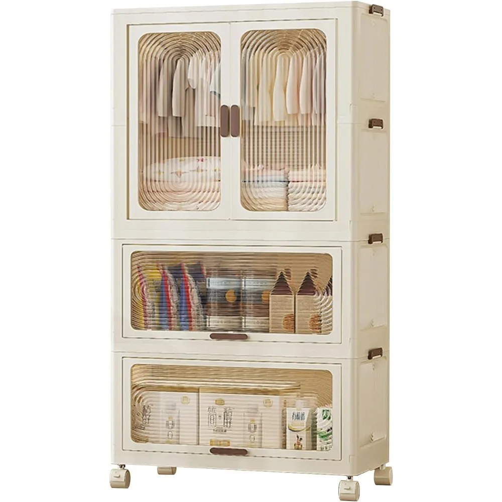 

Portable Kids Wardrobe Closet with Doors, Foldable Storage Cabinets with Lid, Collapsible Plastic Storage Drawers for Bedroom