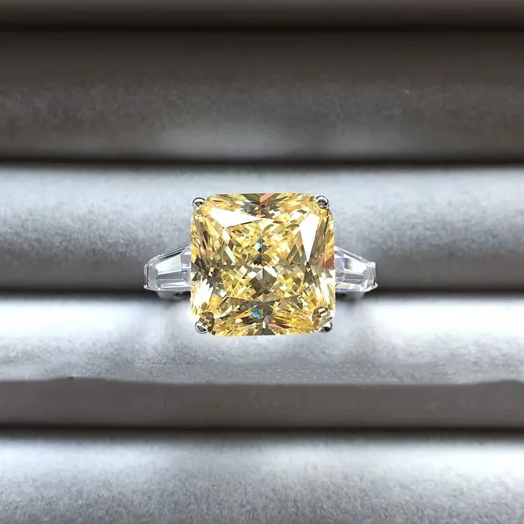 Radiant Cut Yellow/Pink/Blue Zircon Three Stone Ring White Gold Color Big Stone Women Engagement Statement Ring - view 3