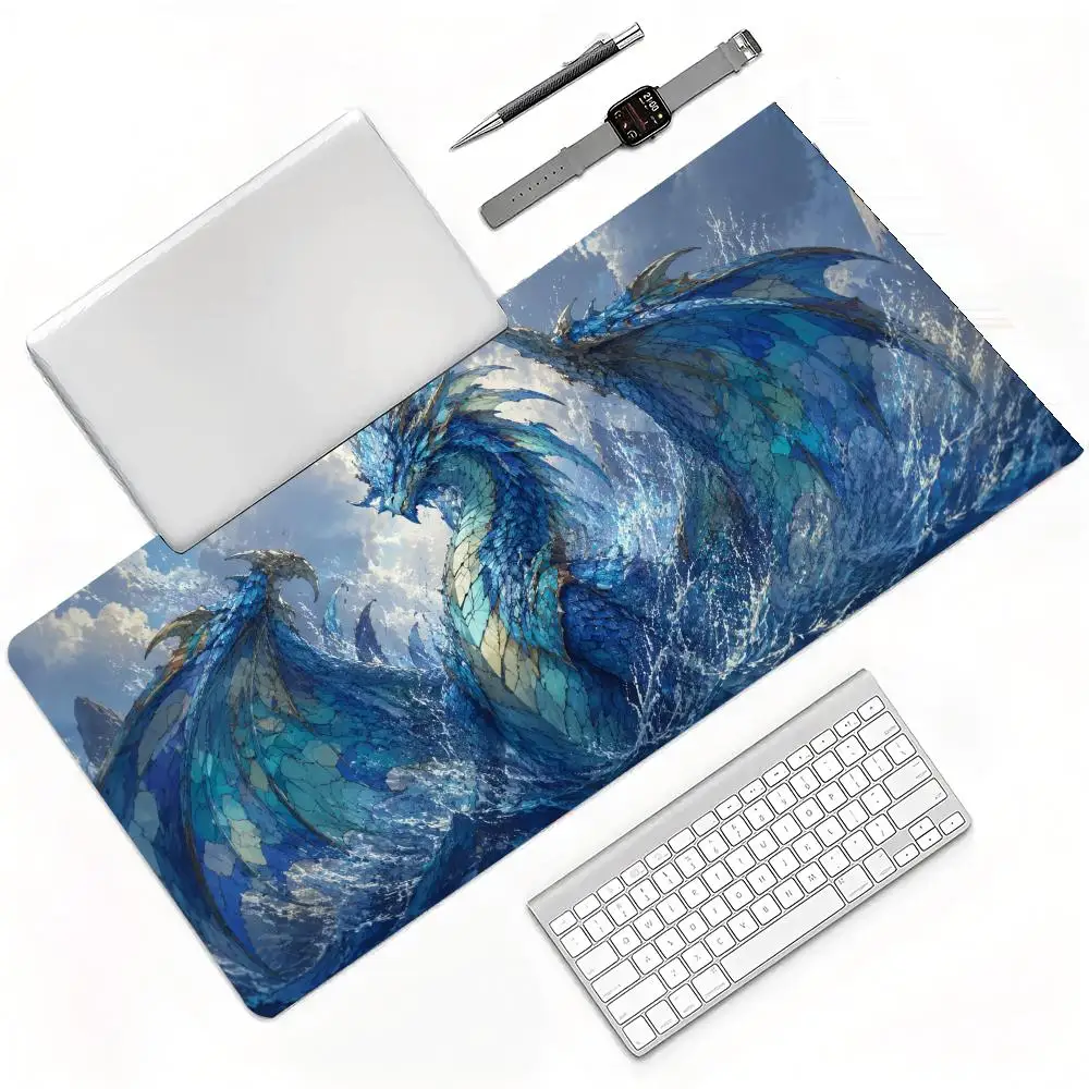 Chinese Ink Blue Winged Dragon Misty Mountain Cloud Landscape Gaming Mouse Pad Stitched Anti Slip Rubber Desk Mat