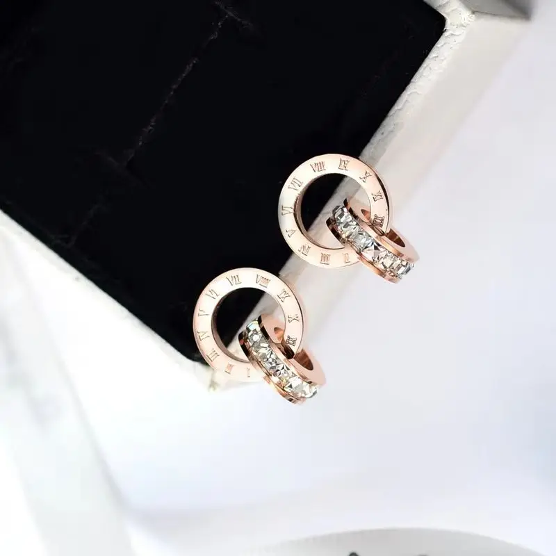Stainless Steel Zircon Inlaid Double Circle Stud Earrings, Vintage Classic Roman Numeral Colorfast Women Daily Party Jewelry