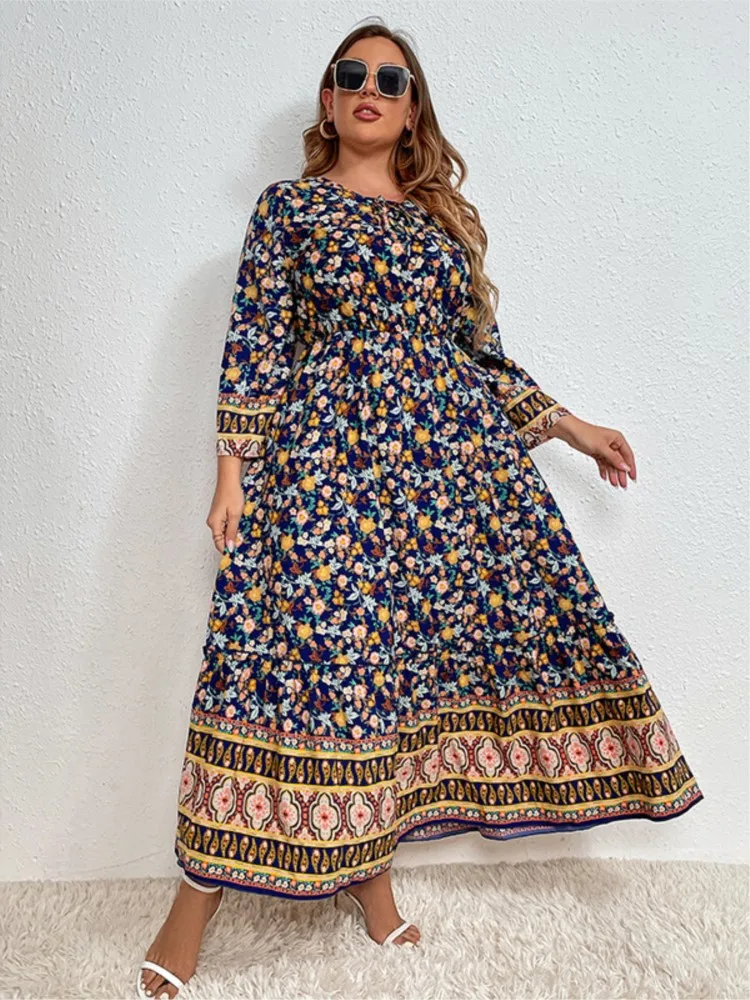 Plus Size Summer Long Floral Dress Women Flower Striped Print Long Sleeve Ladies Dresses Casual Loose Fashion Woman Dress 2023