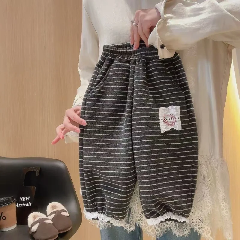 

Kawaii Hello Kitty Sanrio Student Cute Cartoon Comfortable Warm Sweatpants Fleece Windproof Trousers Christmas Gifts for Kids