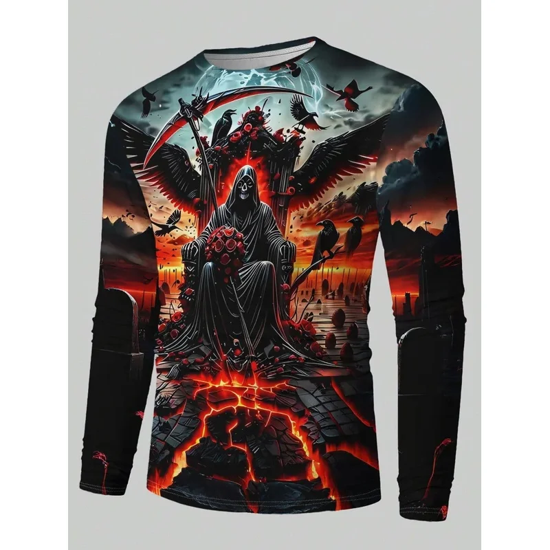 Men's Long Sleeve T‑Shirt Grim Reaper Crow Lava Rose 3D Print Crew Neck Gothic Halloween Streetwear Top