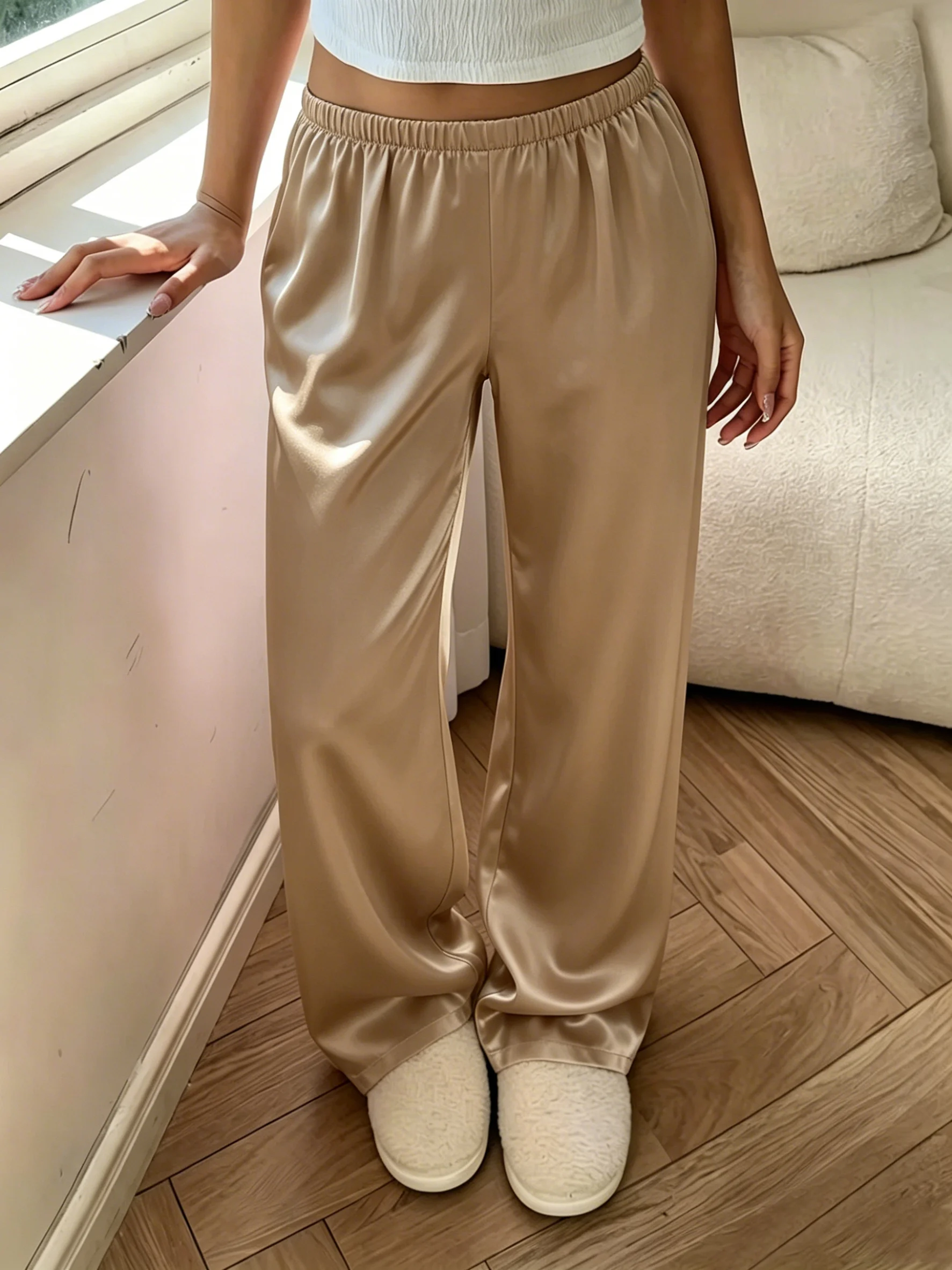 Women's satin Sleep Pants with Elastic Waist Comfortable and Casual Trousers Thin Soild Home Wear Fashion Bottom Garment
