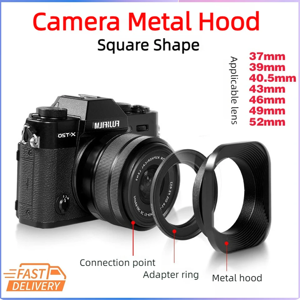 Camera Metal Square Lens Hood 37mm 39mm 40.5mm 43mm 46mm 49mm 52mm for Canon Nikon Sony Fujifim X-T5 Leica SLR DSLR Accessories