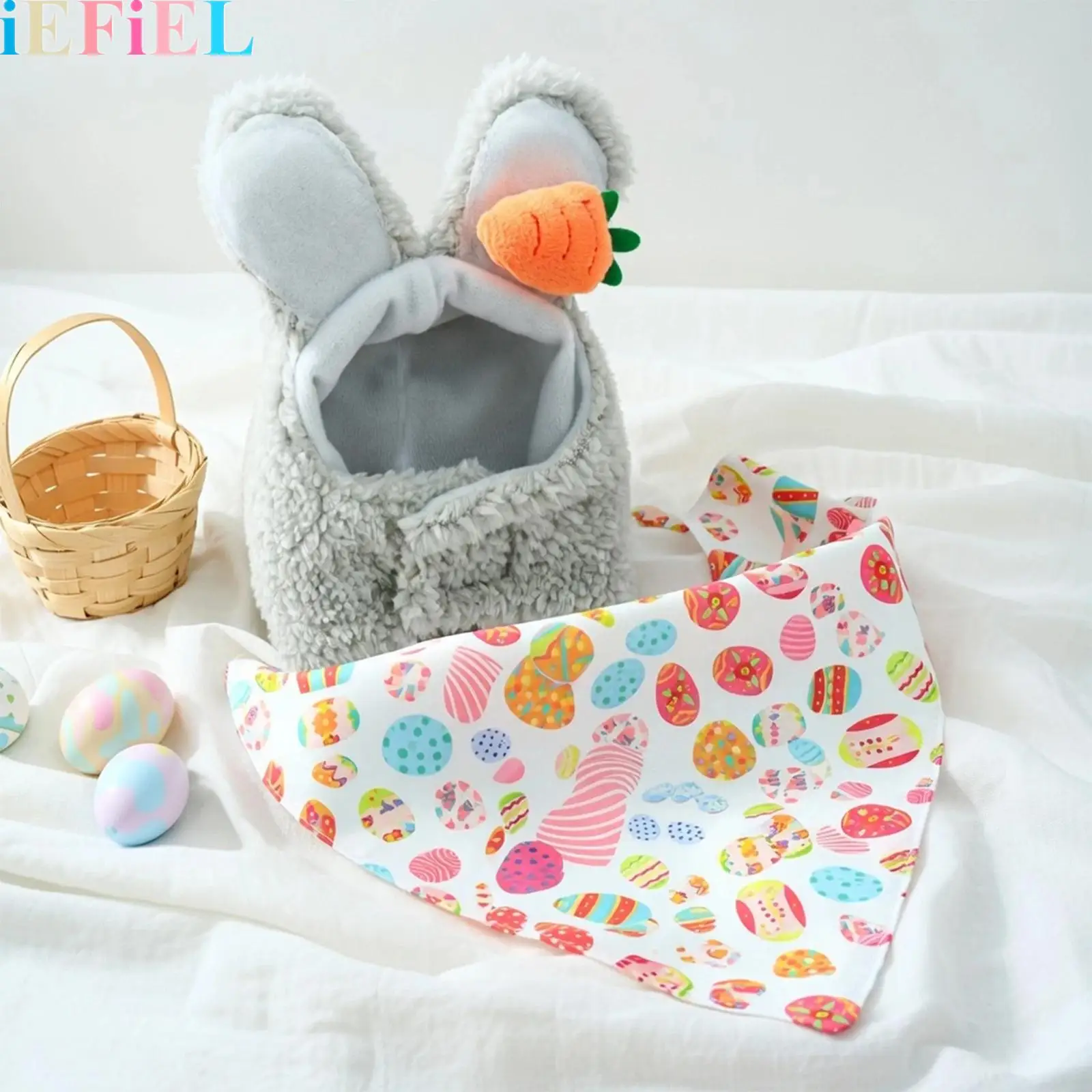 

2Pieces Easter Bunny Porch Goose Outfit Adjustable Bunny Hat Colorful Egg Scarf Easter Decor Lawn Garden Yard Decor