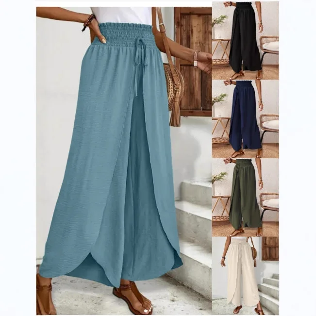 Women's Boho Split Front Wide Leg Pants Smocked Elastic Waist Drawstring Palazzo Trousers