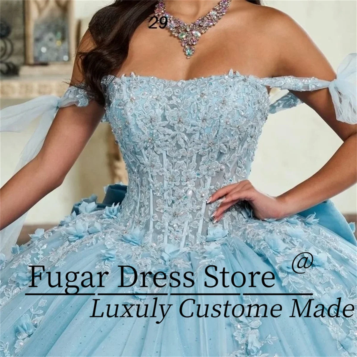 تخصيص الأزرق الأميرة Quinceanera فستان فستاين سهرة/فساتين الحفلات لامعة الدانتيل زين مطرز كريستال القوس مشد vestidos de 15 quinceañera