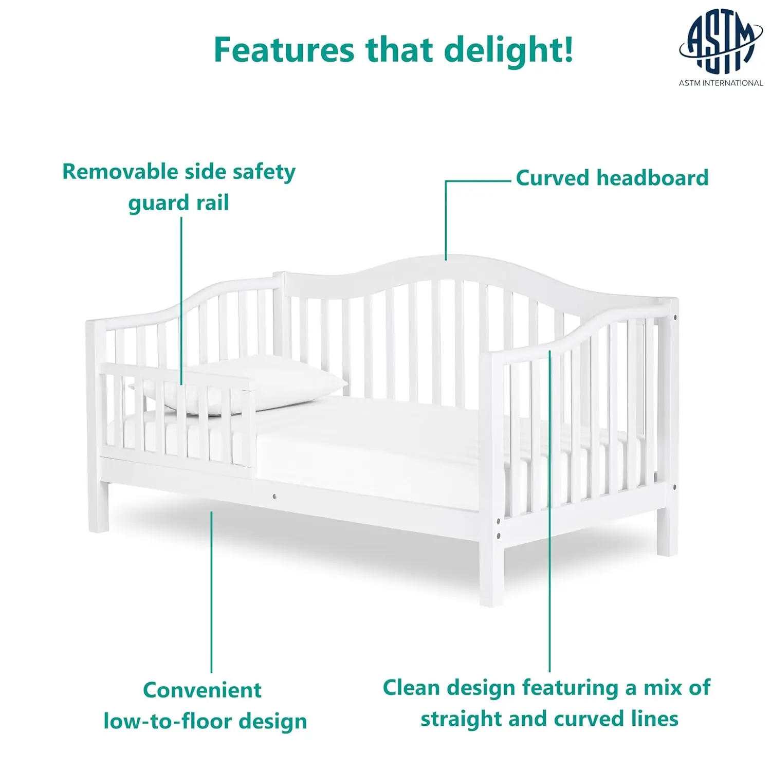 سرير On Me Austin للأطفال الصغار باللون الأبيض، معتمد من Greenguard Gold مقاس 54 × 30 × 29 بوصة (عبوة من قطعة واحدة) #2