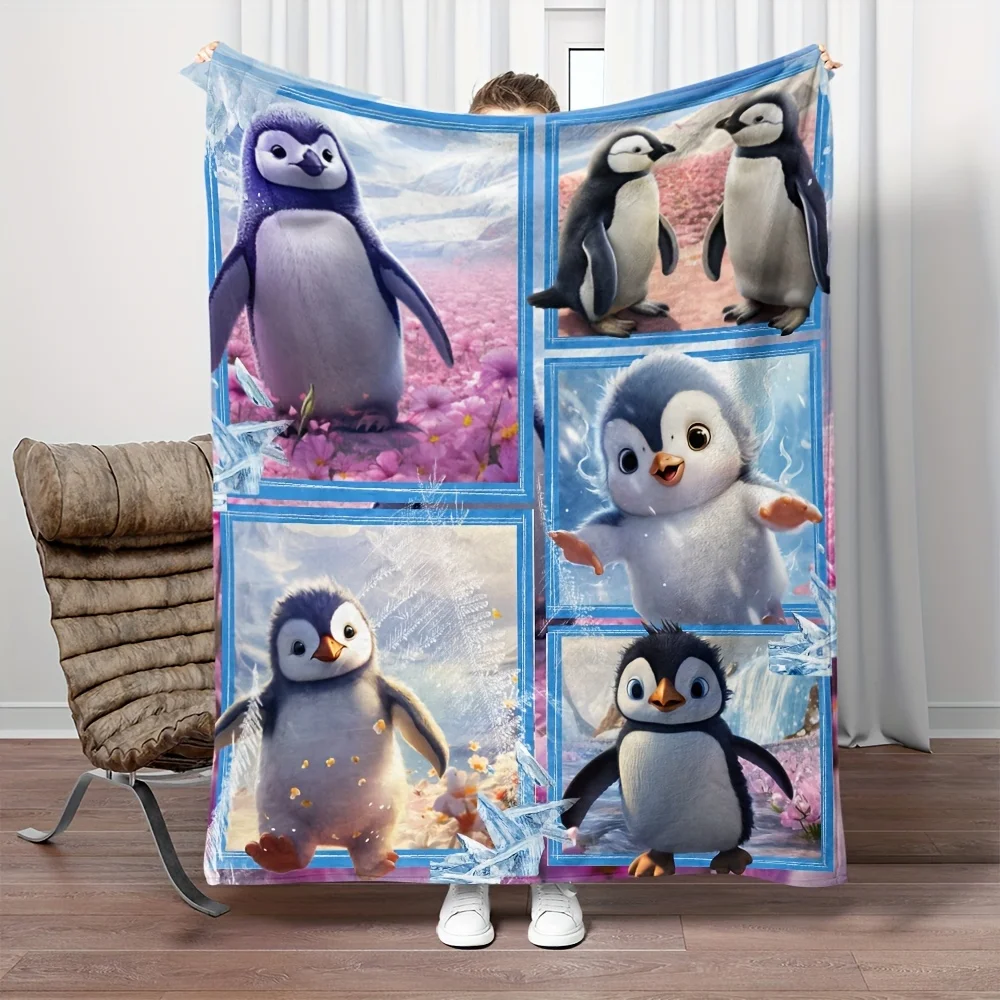 1pc Cozy Cute Penguin Puzzle Blanket Lightweight Flannel Digital Printing Fleece Blanket For Sofa Office Couch Bed Travel Campin