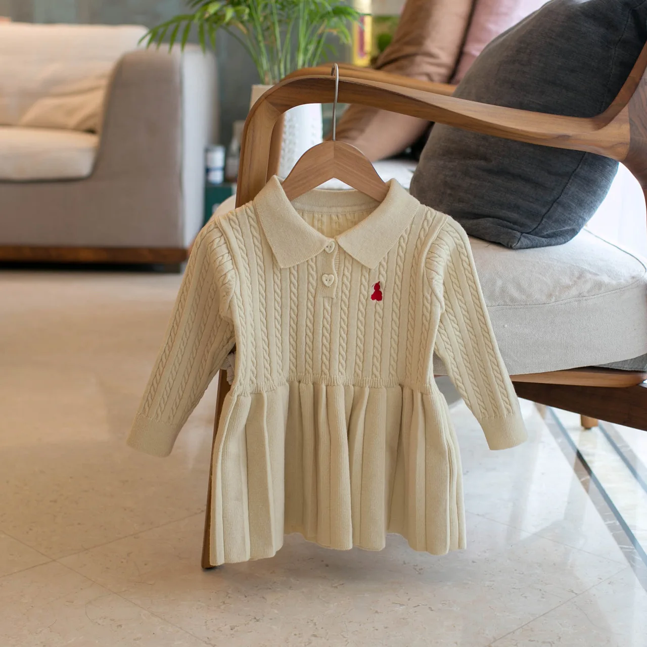 9M-4T Kids Girls Dress Bunny Embroidery Knit Dress for Girls Pleat Preppy Style A Line Knitwear