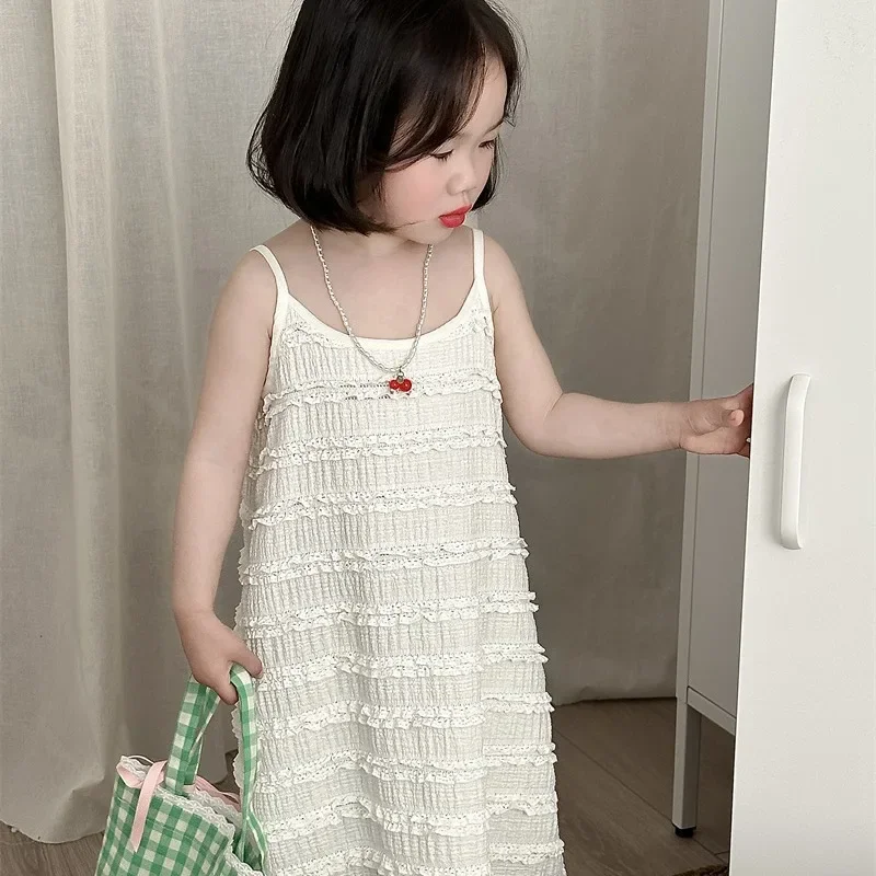 

2025 Spring and Summer New Product Children's Korean Suspender Lace Skirt Stacked Foreign Style Dress Girls Sleeveless Skirt