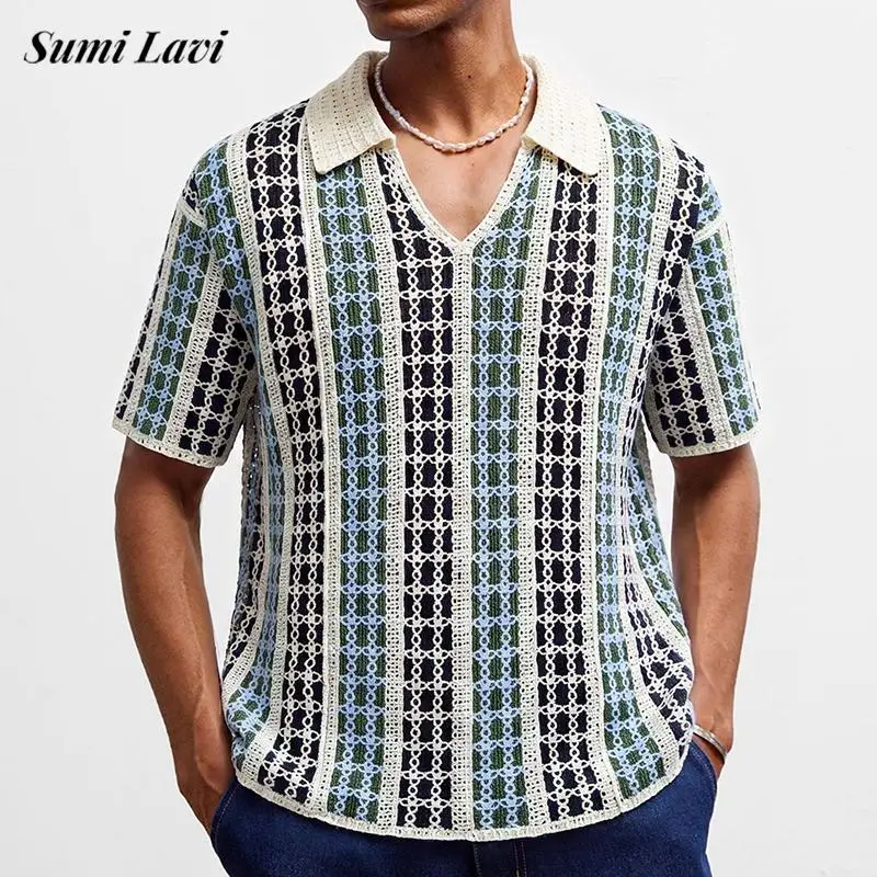 2026 Summer New Casual Lapel Knit Tops Men Vintage Plaid Crochet Knitting Polo Shirts Mens Daily Leisure Short Sleeve Polo Shirt