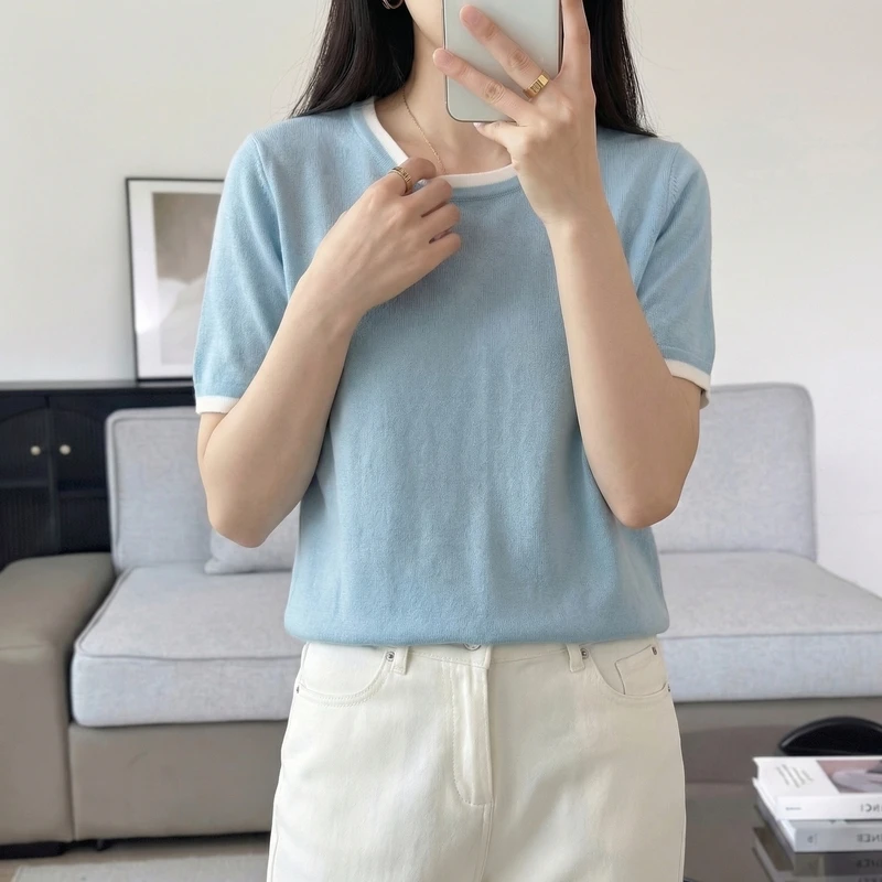 Women's Lightweight Knit Sweater Top - Short Sleeve Crew Neck