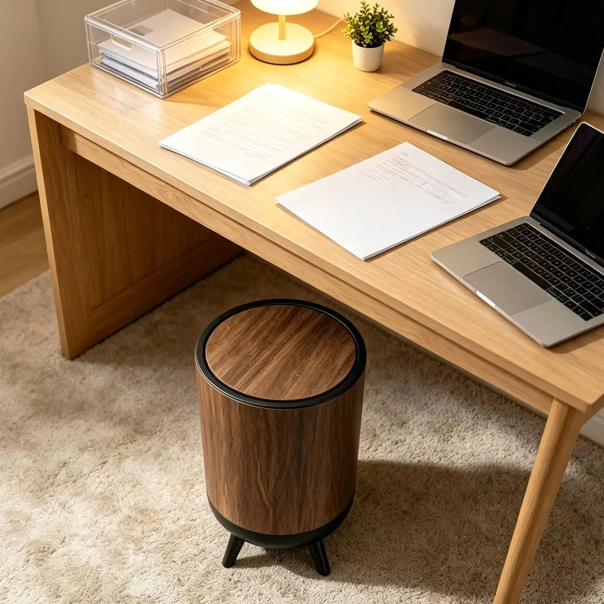 Decorative Round Plastic Trash Bin with Flip Top & Wood Look Surface, Raised Stand Legs Lidded Waste Container for Home Rental House Office