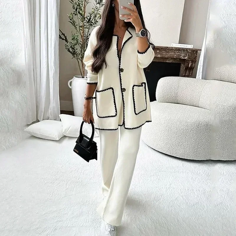 

Autumn Women Two Piece Sets Regular Round Neck Loose Coats Cardigan Solid Straight Wide Leg Long Pants Set High Waist 2024