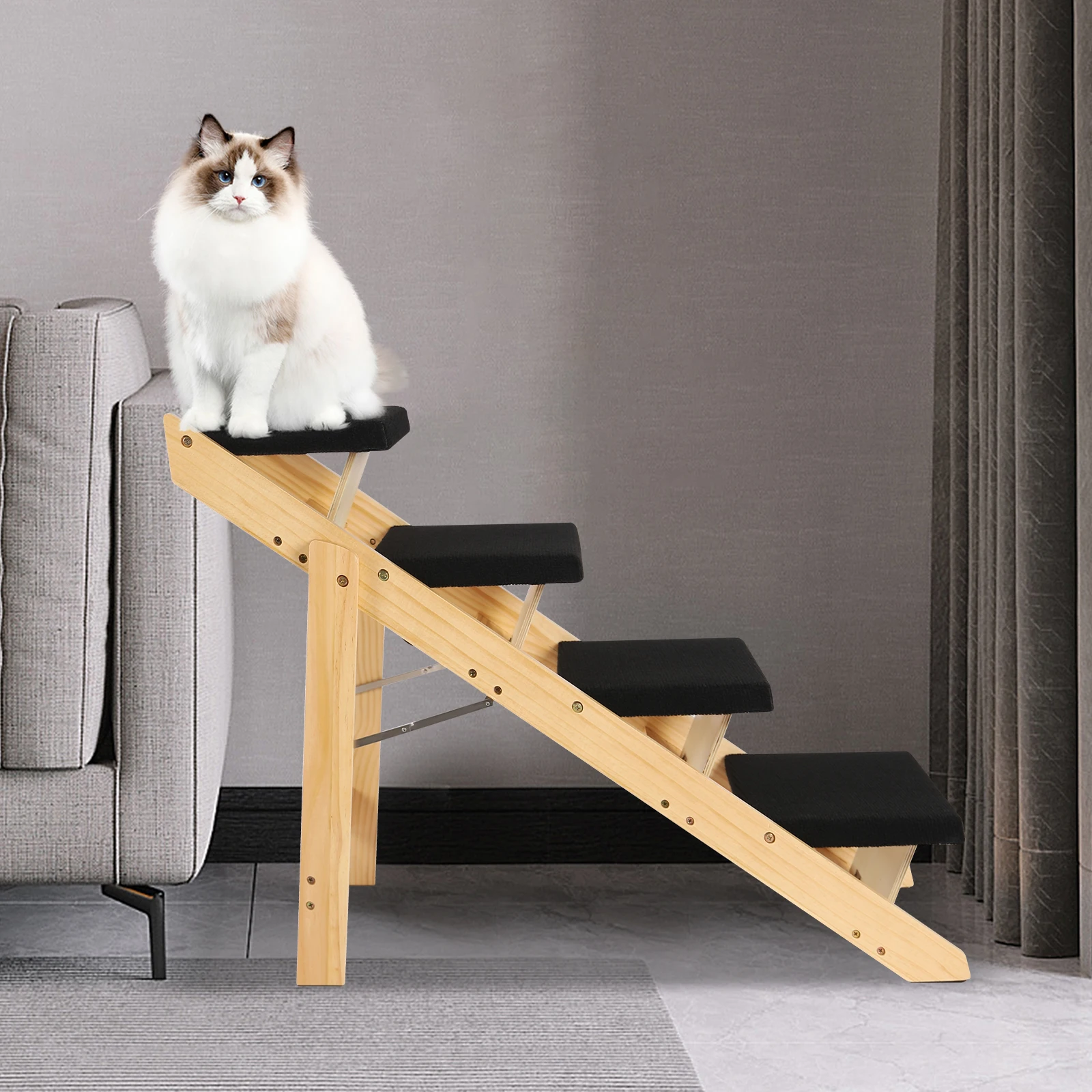 Wood Pet Stairs Portable Non-Slip Pet Steps 2-in-1 4-Level Pet Ramp Foldable Dog Ladder Cat Accessories