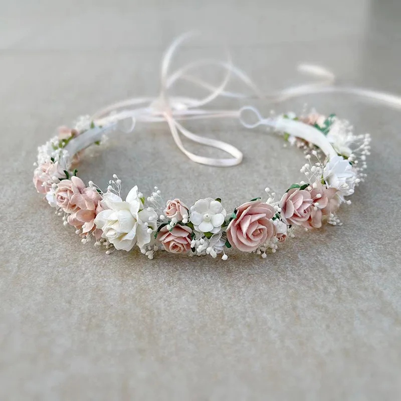 Dired Baby' breath Peachy White flower girl princess crown Baby Headband hair accessories