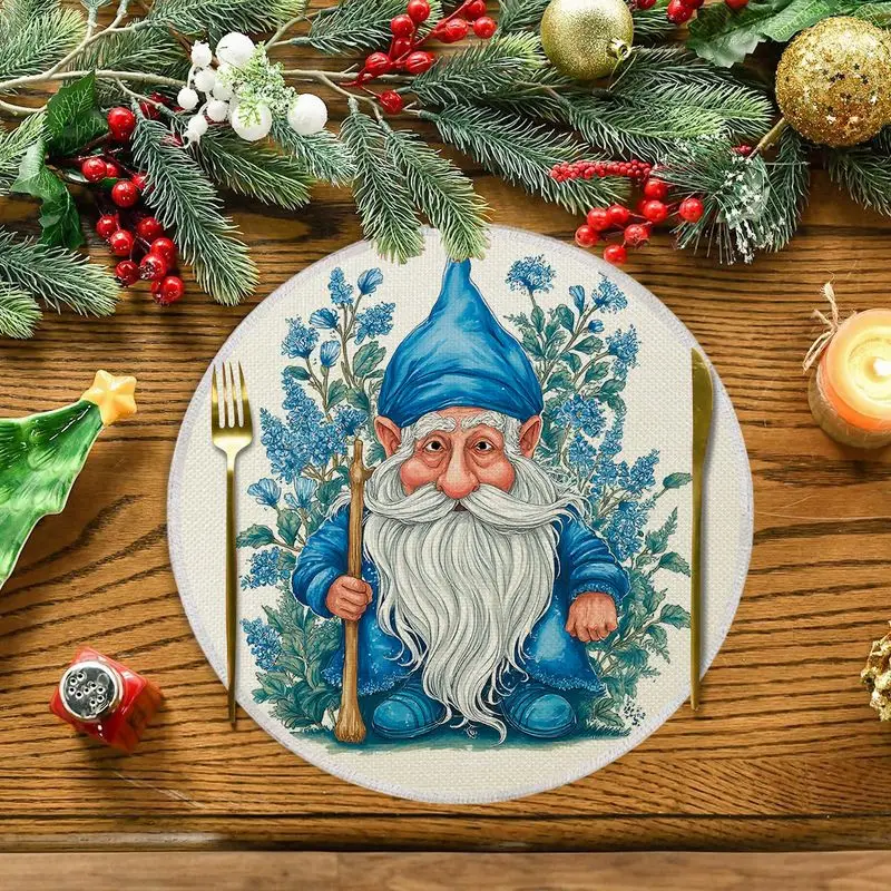 Blue Hat Hand-Held Crutch Goblin Round Christmas Placemat, Wear-Resistant Plate Mat for Home Dining Table Decor