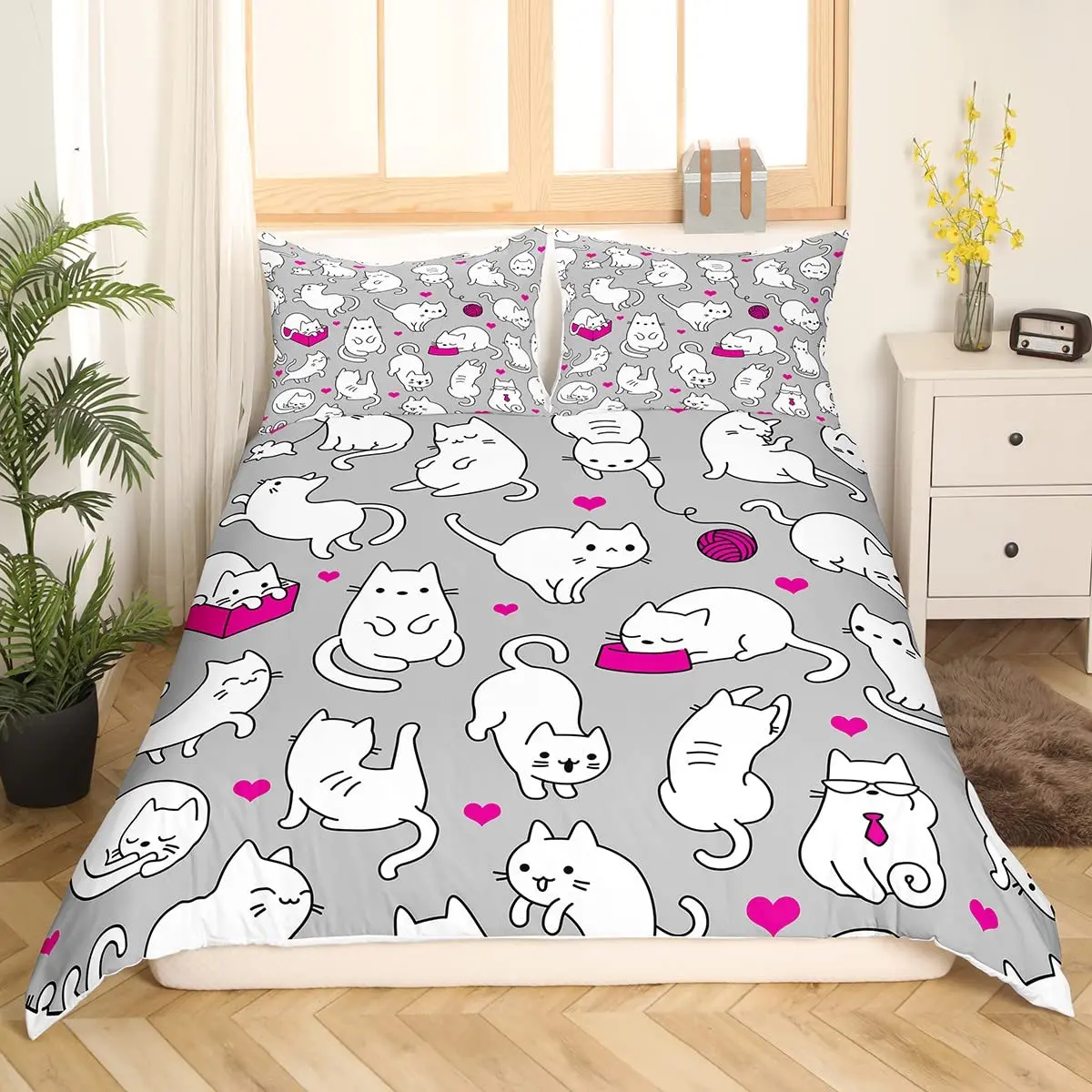 Cartoon Cat Duvet Cover for Kids Black Grey Girls Boys Cats Drawing Pattern on White with Fish Print for Child Room Decoration