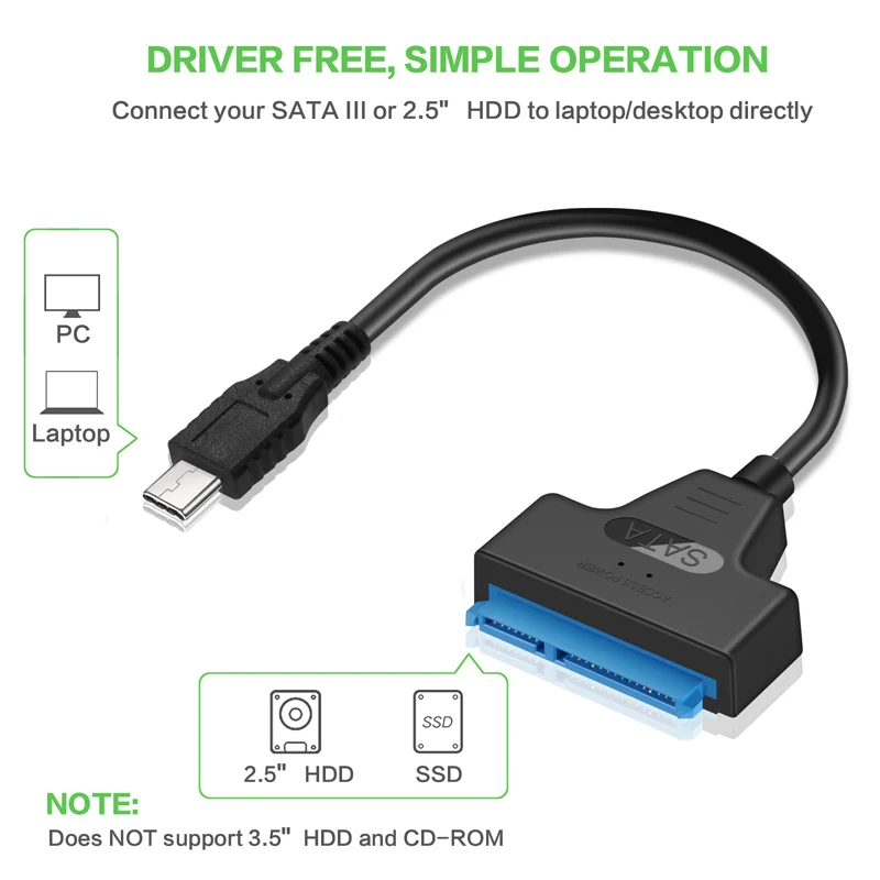USB 3.1 Type C SATA Cable Converter Male to 2.5'' HDD SSD Drive Wire Adapter Wired Convert USB3.1 SATA3 22Pin Cable for Computer