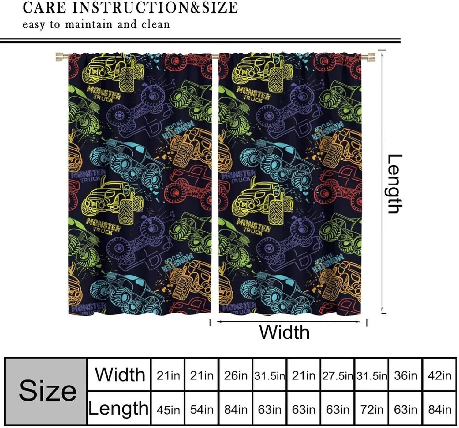 Cool Monster Truck Curtains for Kids Boys Colorful Cartoon Paint Style Doodle Window Drapes for Bedroom Living Room Kitchen Cafe