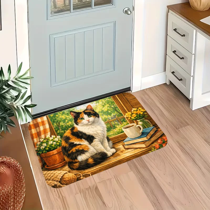 1pc 2D Flat Pastoral Calico Cat Entry Rug, Decor Mat for Kitchen, Dining Room, Indoor and Outdoor Home Party Decoration