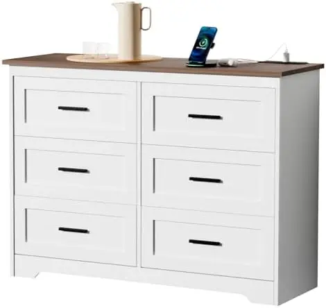 Farmhouse Dresser for Bedroom 6 Drawers Dresser with Power Outlets Rustic Chest of Drawers with Natural Texture White