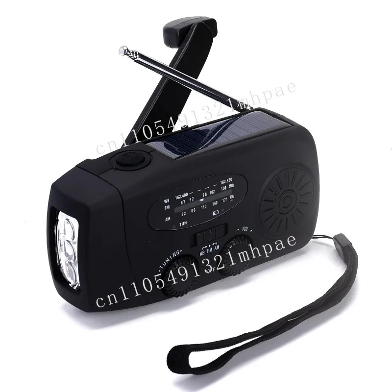 

Portable 2000mAh USB and solar charging emergency handheld radio with LED flashlight and Internet radio for weather alarm