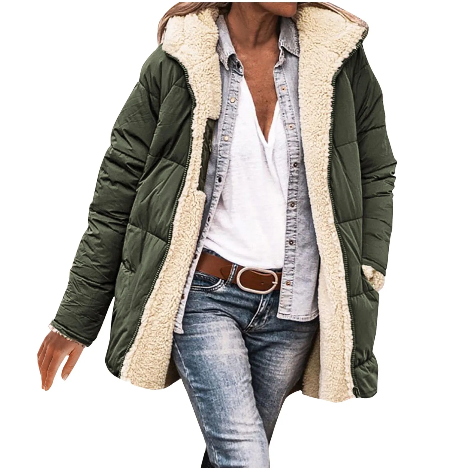 Women Fashion Plush Lined Hooded Thicken Zip-Up Loose Long Sleeve Sweater Down Jacket Female Winter Warm Streetwear Puffer Coats