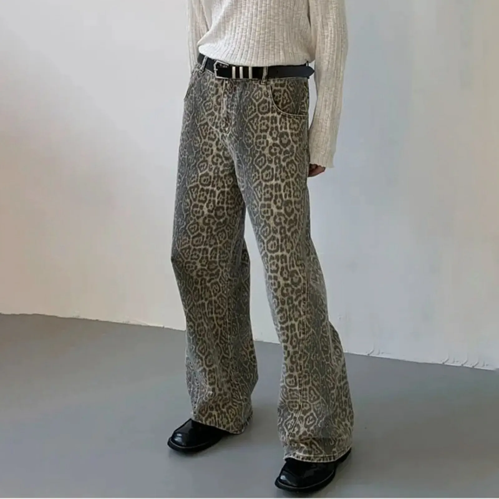 

Vintage Leopard Print Denim Retro Streetwear Wide Leg Pants Street Straight Leg Relaxed Fit Vibe Style Design Jeans Pants