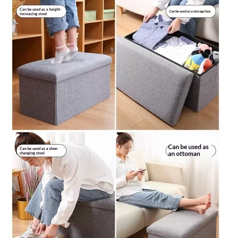 Storage Ottoman Multifunctional Linen Fabric Storage Box Shoe Changing Stool Footrest For Home Use For Adults
