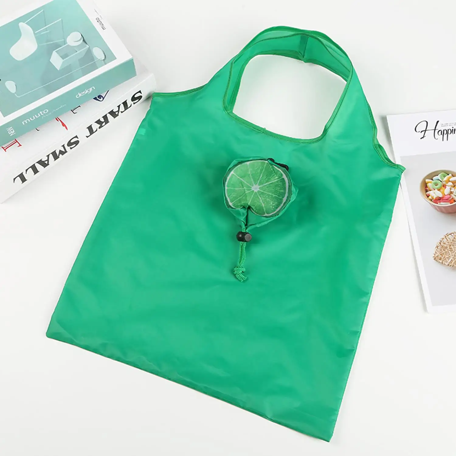 Bolsa de compras reutilizable ecológica plegable con estampado, bolsa de comestibles verde de poliéster, bolso de mano, bolsas de almacenamiento prácticas de gran capacidad, 1 ud.