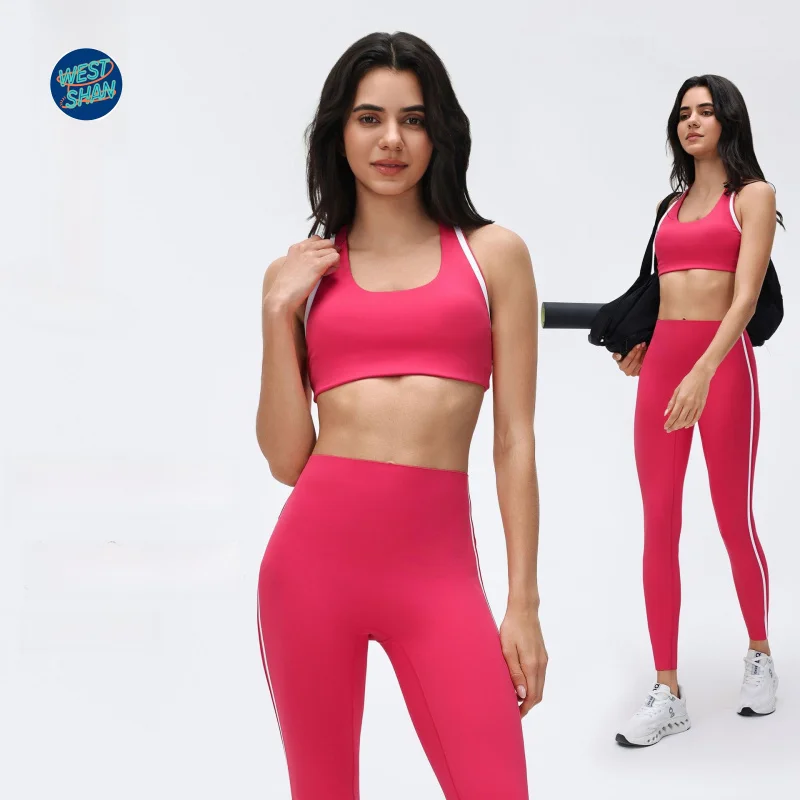 WESTSHAN Color-Block Yoga Outfit For Women Supportive Anti-Sagging Sports Bra And High-Waisted Cropped Athletic Pants