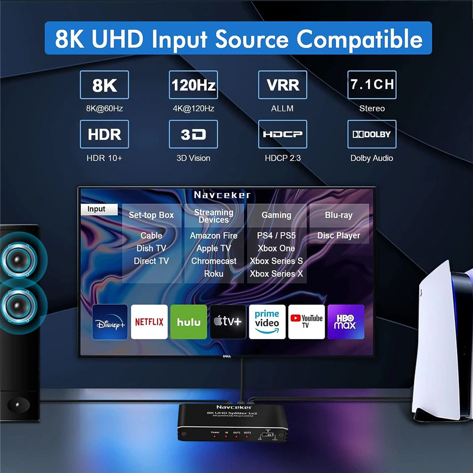 Imagem -02 - Navceker-hdmi Divisor 8k 60hz 4k 120hz 1x2 Hdmi 2.1 Divisor de Áudio em Out Extensor para Ps5 Xbox